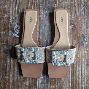 Zara pearl diamond jewel embellished straw rattan sandal slide